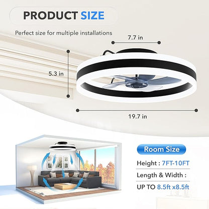 Simple Deluxe Ceiling Fan with Light 20in Low Profile Ceiling Fans with Lights and Remote Dimmable with 6 Wind Speeds Flush Mount Fandelier LED Fan Light Modern Smart for Bedroom, Black