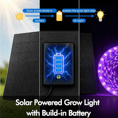 Solar Grow Light Strip with Battery Operated for Outdoor Plant, Full Spectrum Plant Growing Lights, IP65 Waterproof for Greenhouse, 16.4FT Indoor Solar Powered with Timer for All Stage Plants