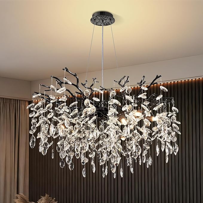Modern Tree Branch Crystal Chandelier 30" Black Luxury Large Pendant Lighting 10-Light Contemporary K9 Crystal Chandeliers for Dining Room Kitchen Living Room Foyer Entryway (Black, D30"-Round)