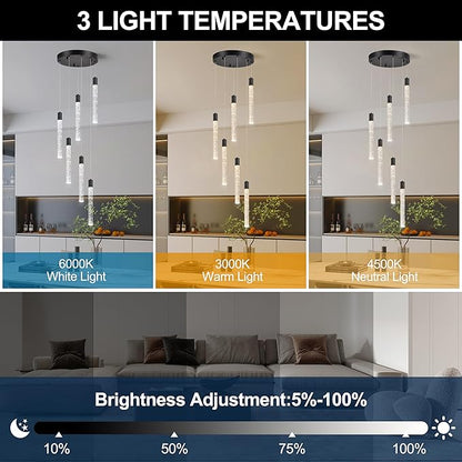 6 Light Pendant Lights Kitchen Island,Modern LED Bubble Crystal Pendants with Dimmable 3000K-6000K Ceiling Hanging Light Fixture for Dining Room Bedroom,Matte Black Finish,Adjustable Height 78"