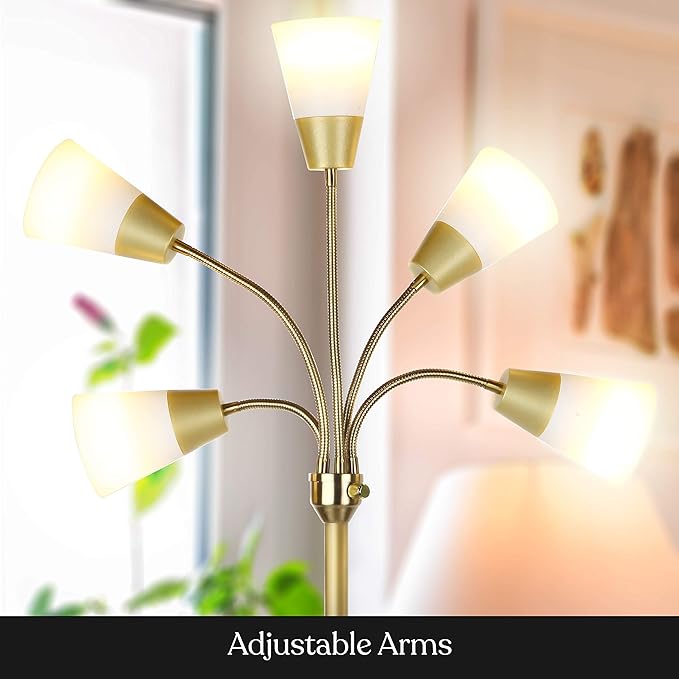 Brightech Medusa Modern LED Floor Lamp – Multi Head Floor Lamp for Living Rooms & Offices – Tall Lamp with Interchangeable Shade, Standing Lamp with 5 LED Bulbs for Hobbies - Brass