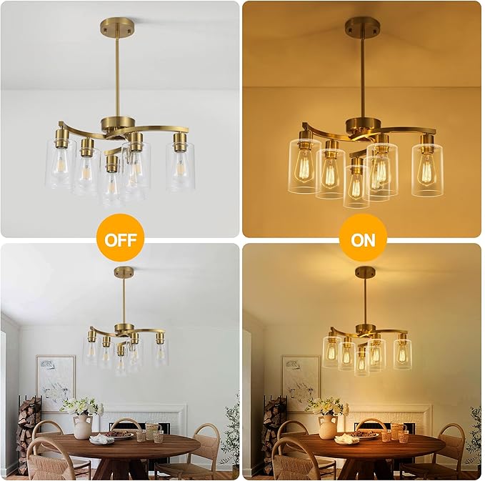CNRATYE 6-Light Gold Chandeliers for Dining Room, Modern Kitchen Island Light Fixtures Over Table, Metal Hanging Pendant Lighting for Living Room Stairwell Entryway Bedroom, Clear Glass Shade