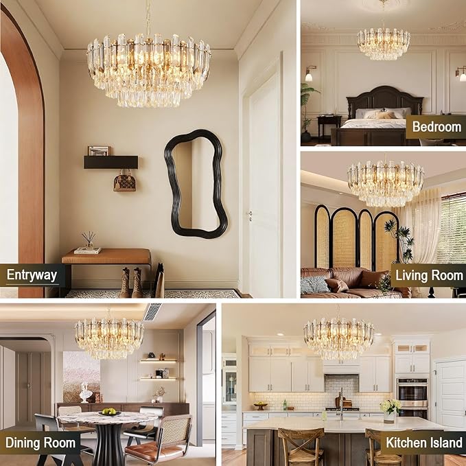 Gold Crystal Chandelier 24" 12-Light 4-Tier K9 Crystal Round Adjustable Pendant Light Modern Crystal Chandeliers for Dining Room Living Room Kitchen Island Bedroom Foyer Entryway
