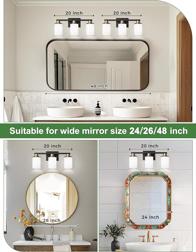 DORESshop Black and Gold Vanity Light, 3-Light Bathroom Light Fixture Over Mirror with Milk Glass Shade, Modern Vanity Lighting for Living Room Bedroom, ETL Listed