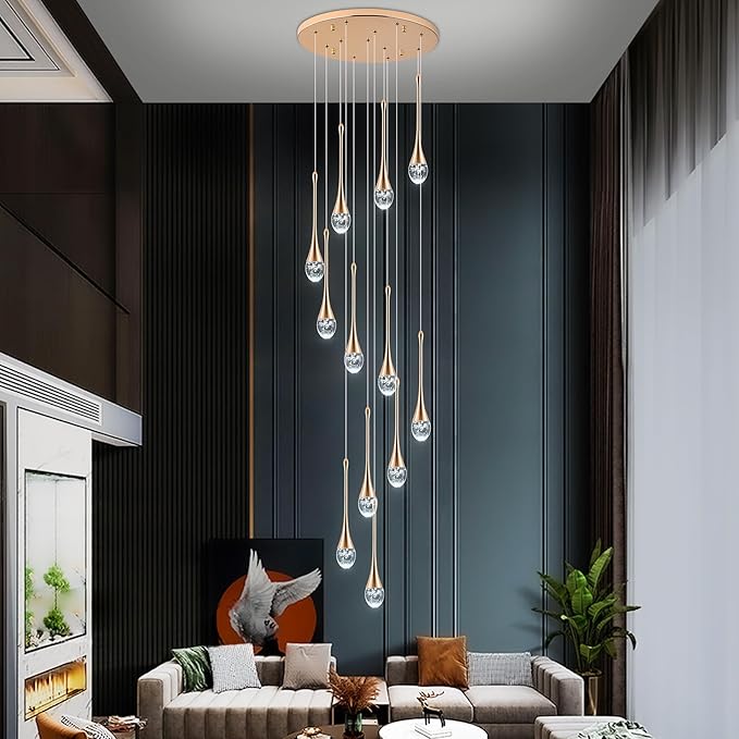 Modern Crystal Staircase Chandelier Gold 12-Lights, H120'' Large High Ceiling Spiral Dimmable LED Raindrop Foyer Entryway Light Fixture Remote Control