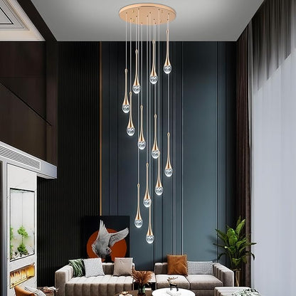 Modern Crystal Staircase Chandelier Gold 12-Lights, H120'' Large High Ceiling Spiral Dimmable LED Raindrop Foyer Entryway Light Fixture Remote Control