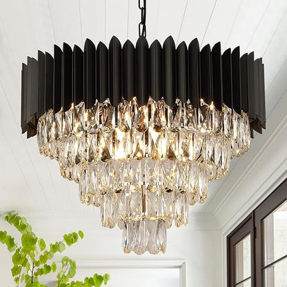 A AXILIXI Black Crystal Chandeliers Modern Round Chandeliers 24" Dimmable 12 Lights Ceiling Pendant Light Fixtures 5 Tiers Luxury Raindrop for Living Room Dining Room Bedroom Foyer