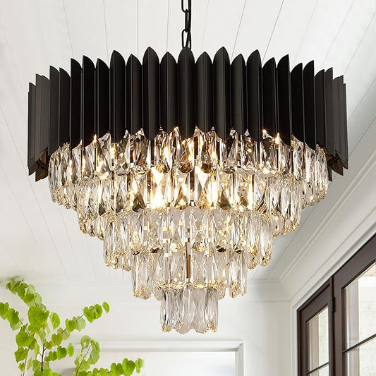 A AXILIXI Black Crystal Chandeliers Modern Round Chandeliers 24" Dimmable 12 Lights Ceiling Pendant Light Fixtures 5 Tiers Luxury Raindrop for Living Room Dining Room Bedroom Foyer