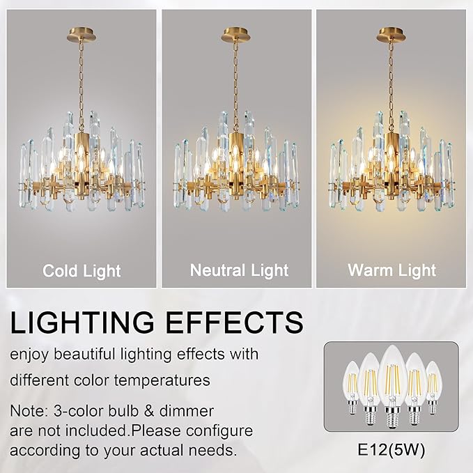 24" Modern Gold Crystal Chandelier, 12-Light Luxury Round Chandeliers for Dining Room, Living Room, Bedroom, Foyer, Entryway, Kitchen, Contemporary K9 Crystal Adjustable Chain Chandelier Light Fixture