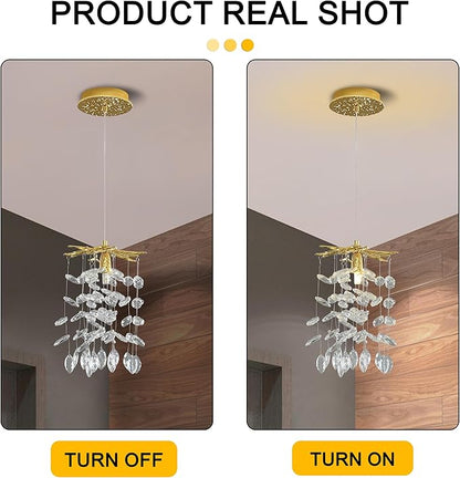 Modern K9 Crystal Tree Branches Chandelier, 8.6in Gold 1 Lights Large Ceiling Hanging Light for Dining Room, Round Tassel Ceiling Hanging