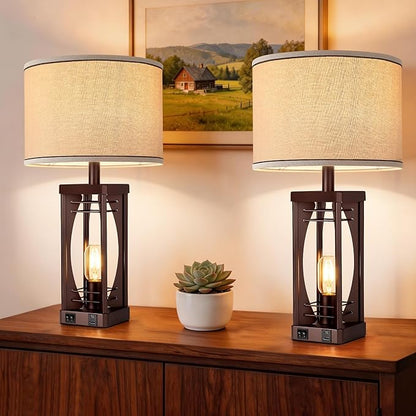 SRJJA Farmhouse Table Lamps Set of 2 for Living Room, Rustic Bedside Nightstand Lamps with USB A+C Charging Ports, 22.5" Dual Light Industrial Table Lamp with Linen Shade for Bedroom End Tables