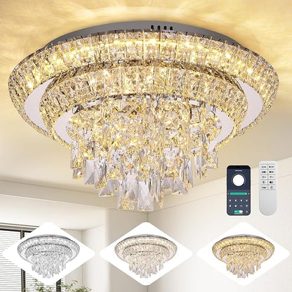 18 inch Crystal Silver Ceiling-Light Flush Mount With Remote Control and APP, 3CCT Dimmable & Brightness Adjustable, Modern Crystal Raindrop Chandeliers for Bedroom Hallway Dinning Room Living Room