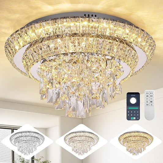 18 inch Crystal Silver Ceiling-Light Flush Mount With Remote Control and APP, 3CCT Dimmable & Brightness Adjustable, Modern Crystal Raindrop Chandeliers for Bedroom Hallway Dinning Room Living Room