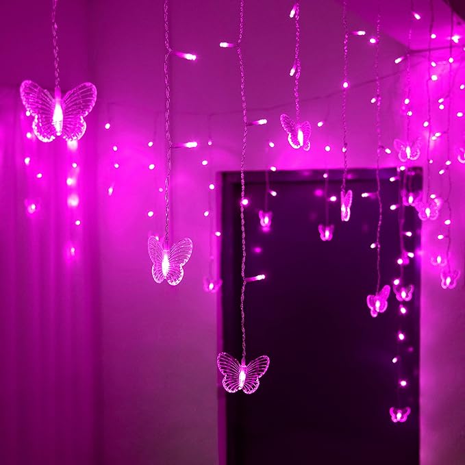 YOLIGHT Butterfly Curtain Lights, Pink Fairy Lights with Remote Timer, 8 Modes Twinkle LED for Girls' Room Dorm Garden Window Party Wedding Christmas Decor (Neon Pink), 13ft