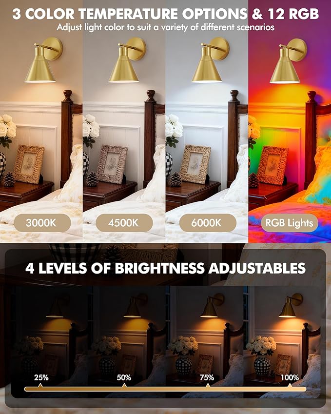 Modern Wireless Battery Operated Wall Sconces, Gold Rechargeable Cordless LED Wall Lights Set of Two, Dimmable Battery Powered Wall Decor Lamp Fixture with Remote Control for Bedroom Indoor