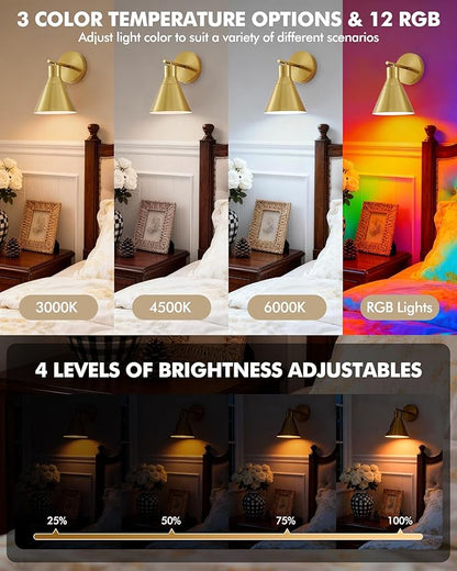 Modern Wireless Battery Operated Wall Sconces, Gold Rechargeable Cordless LED Wall Lights Set of Two, Dimmable Battery Powered Wall Decor Lamp Fixture with Remote Control for Bedroom Indoor
