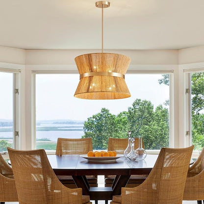 Shrine Lighting French Gold Boho Chandelier, Modern Design, Boho Drum Pendant Light for Dining Room, D18'' x H12'', Adjustable 47'', E12*8 Sockets, Jute Rope Lampshade&French Gold Finish Frame
