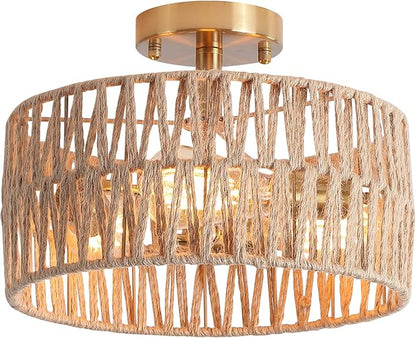 3-Light Antique Gold Woven Flush Mount Light Fixture Rustic Coastal Hemp Rope Brass Semi Flush Mount Ceiling Light for Hallway Bedroom Kitchen Entryway Farmhouse Living Room