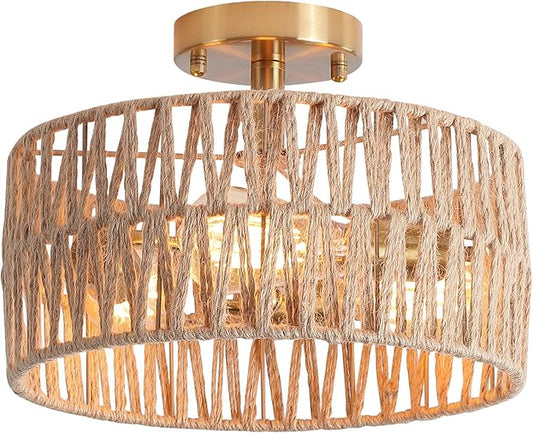 3-Light Antique Gold Woven Flush Mount Light Fixture Rustic Coastal Hemp Rope Brass Semi Flush Mount Ceiling Light for Hallway Bedroom Kitchen Entryway Farmhouse Living Room