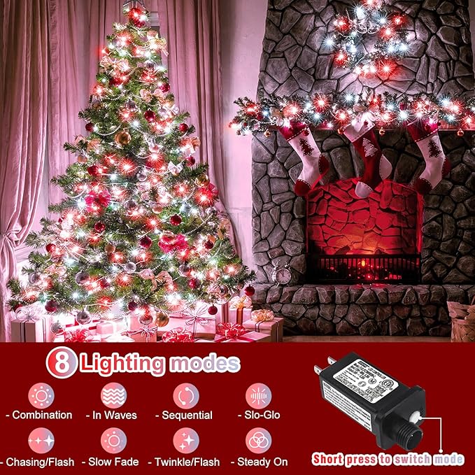 100FT 300 LED Outdoor String Lights, Plug in Christmas Lights Indoor Waterproof with 8 Modes, Connectable Twinkle Fairy Lights Clear Wire for Bedroom Home Wedding Patio Decorations, Red and White