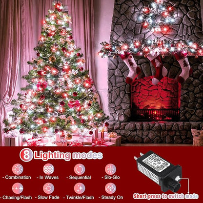 100FT 300 LED Outdoor String Lights, Plug in Christmas Lights Indoor Waterproof with 8 Modes, Connectable Twinkle Fairy Lights Clear Wire for Bedroom Home Wedding Patio Decorations, Red and White