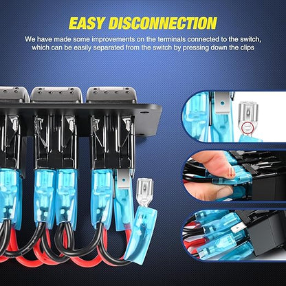 Nilight 6 Gang Rocker Switch Panel Waterproof Pre-Wired Aluminum Panels with PD Type C and USB Cigarette Lighter Socket Voltmeter 12V 24V ON Off Switches for Car Trucks Boats RVs Red