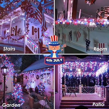 4th of July Red White and Blue Lights, Connectable 200 LED 66FT String Lights Plug in, 13 Modes July 4th Twinkle Lights for Indoor Outdoor Independence Day Memorial Day American Flag Patriotic Decor