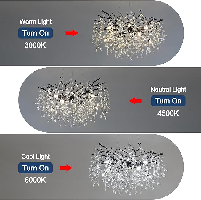 Modern Crystal Tree Branches Chandelier, 30in Black 10 Lights Large Ceiling Hanging Light for Dining Room, Round Raindrop Pendant Light Fixture
