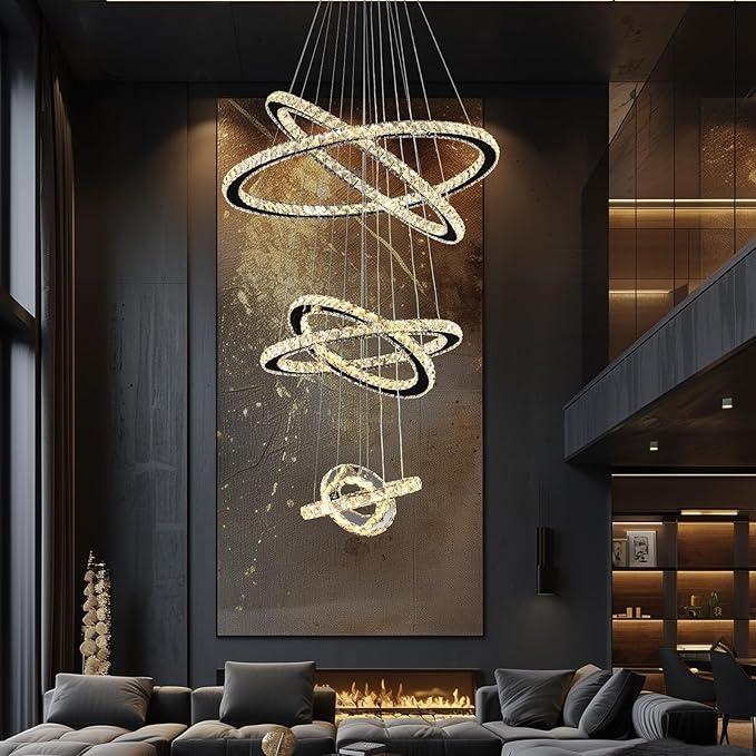 Siljoy Modern Crystal Chandelier Lighting, 6 Ring Chandelier LED Ceiling Lights Fixtures with 3-Color, High Ceiling Foyer Chandeliers for Living Room Dining Room Staircase, D8-12-16-20-24"-28"