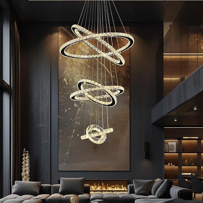 Siljoy Modern Crystal Chandelier Lighting, 6 Ring Chandelier LED Ceiling Lights Fixtures with 3-Color, High Ceiling Foyer Chandeliers for Living Room Dining Room Staircase, D8-12-16-20-24"-28"