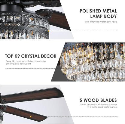 Asyko 62" Crystal Ceiling Fan Fandelier with Lights - Black Modern Crystal Chandelier Fans with Remote Control，Noiseless DC Motor, Retro/Farmhouse Lighting, Dining Room， Living Room