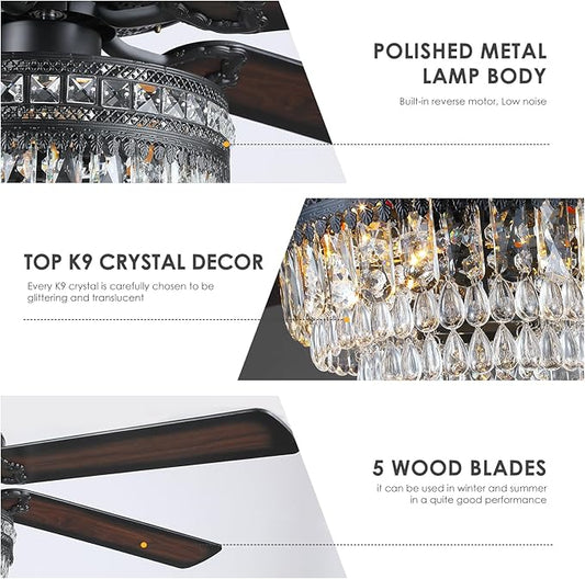 Asyko 62" Crystal Ceiling Fan Fandelier with Lights - Black Modern Crystal Chandelier Fans with Remote Control，Noiseless DC Motor, Retro/Farmhouse Lighting, Dining Room， Living Room