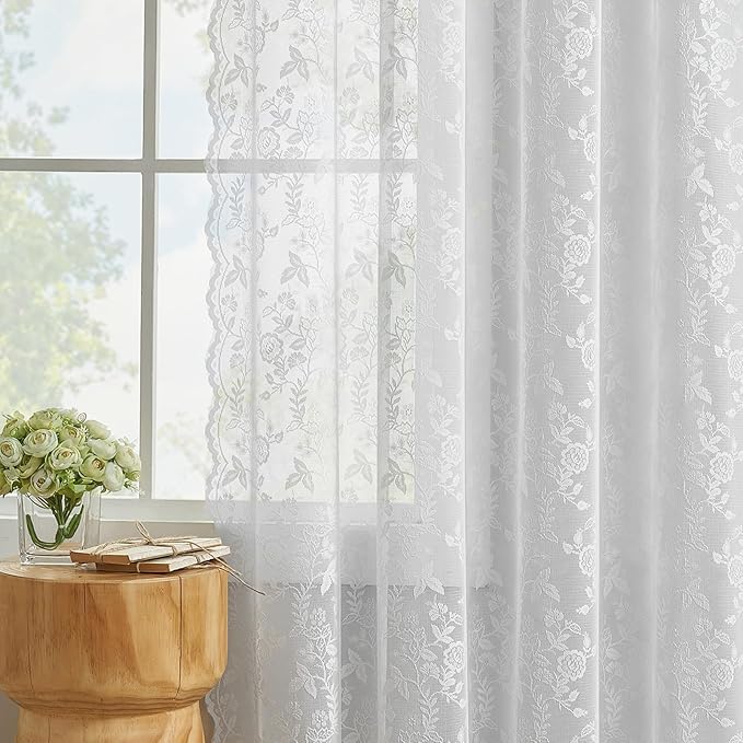 FINECITY White Lace Curtains 63 Inch Length for Bedroom, Rustic Leaf Floral Design Lace Curtain Panels, Rod Pocket Farmhouse Privacy Sheer Lace Curtains, 42 x 63 Inch, 2 Panels, White