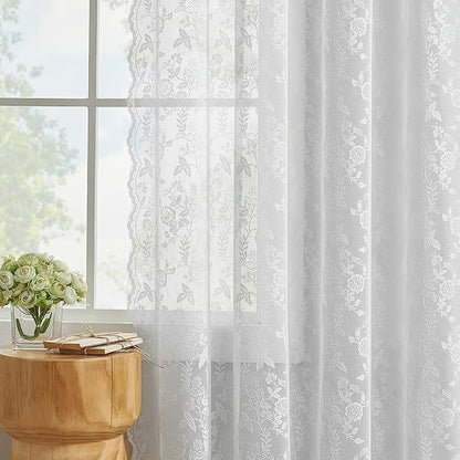 FINECITY White Lace Curtains 63 Inch Length for Bedroom, Rustic Leaf Floral Design Lace Curtain Panels, Rod Pocket Farmhouse Privacy Sheer Lace Curtains, 42 x 63 Inch, 2 Panels, White