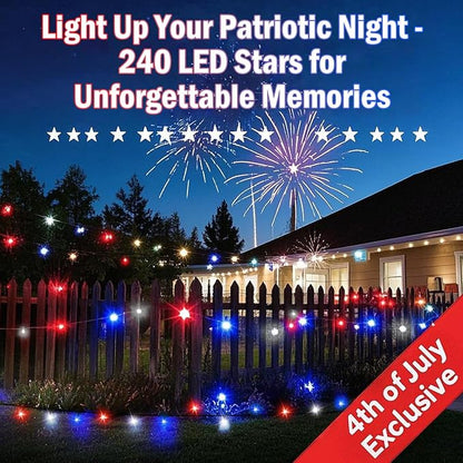 4th of July 95FT 240LED Red White and Blue String Lights, Extra-Long Connectable Led Twinkle Lights Waterproof with 8 Modes Memory, Independence Day Decoration