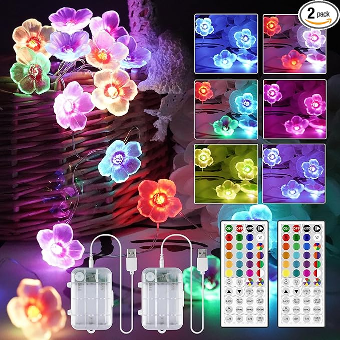 2 Pack Battery Operated String Lights Indoor, 13ft Cherry Blossom Bedroom Lights, Color Changing Flower Lights Decorative for Room Dressing Table Dorm Party Easter Girl Mom Gift Wedding Christmas