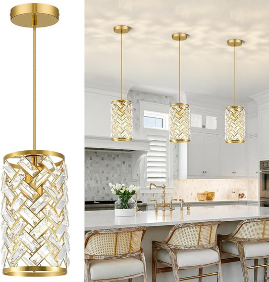 Gold Crystal Pendant Lights Kitchen Island, Modern Mini Chandelier, Adjustable Hanging Ceiling Light Fixture for Kitchen Dining Room Bedroom Foyer Bar (Gold, 1 Pack)
