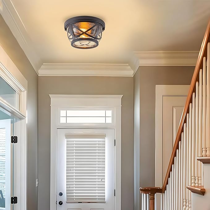 Bronze Flush Mount Ceiling Light Fixtures, 2-Light Ceiling Mount for Industrial with Seeded Glass Lampshade, Modern Flush Mount Light Fixture Farmhouse for Hallway, Kitchen, Entryway and Foyer