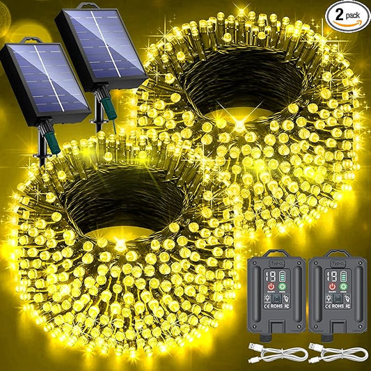 New Upgraded Solar Christmas String Lights Outdoor Waterproof 2 Pack Total 144ft 400 Led Solar & USB Rechargeable 19 Modes Christmas Tree Lights for Outdoor Indoor Yard Xmas Decorations, Warm White