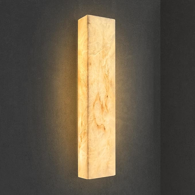 Alabaster Wall Sconces Natural Marble Bathroom Vanity Wall Light Fixture 21.7" Long Marble Wall Sconce Square Alabaster Stone Wall Mount Light Warm Light for Living Room Bedroom Hallway Stairs