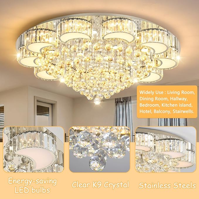 39.4" Silver Modern Crystal Chandeliers for Dining Room LED Dimmable Light Fixtures Flush Mount Light Living Room Bedrooms