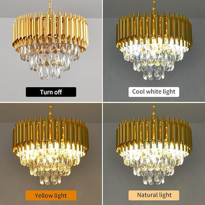 Gold Crystal Chandelier 3-Tier Dining Room Chandelier Light fixtures Modern Chandeliers for Dining Room Small Pendant Light Fixture for Living Room Foyer Kitchen Island Entryway Round 5 Light W15.7”