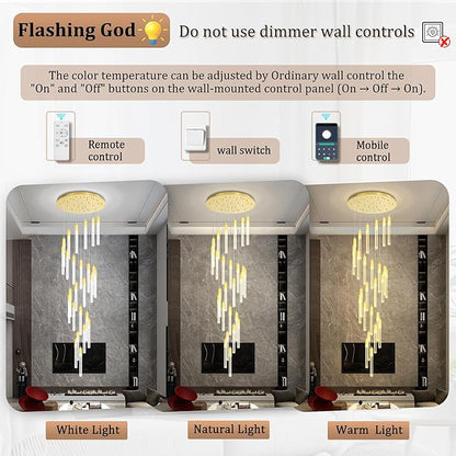Flashing God Gold 28 Lights Large Foyer Chandeliers for High Ceilings 12 feet Long Spiral Stair Pendant Chandelier Crystal Ceiling Light Fixtures Dimmable 2700k-4500k-6000k
