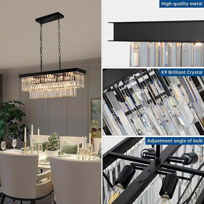 Weesalife Black Crystal Chandeliers for Dining Room Light Fixtures Over Table，9-Lights Modern Rectangle Chandeliers for Kitchen Island Bar L28 Inch