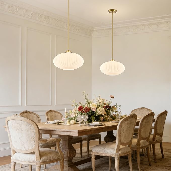 10" Milky White Glass Modern Pendant Light Kitchen Island 2 Pack Brushed Gold Mid Century Modern Pendant Lighting with Frosted Glass Hanging Pendants Light for Bedroom（Bulb Incl.