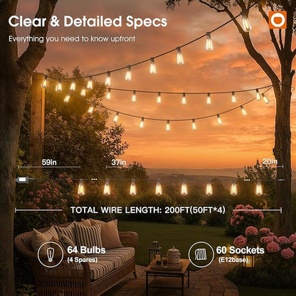 addlon 196FT Outdoor String Lights for Outside with APP Control Waterproof Patio Lights with Plastic ST38 LED Edison Bulbs Outdoor Lighting Extra Long for Backyard Bistro Porch Garden Pergola Party