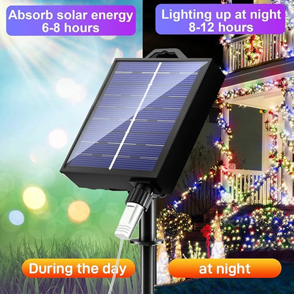 New Upgraded Christmas Solar String Lights Outdoor Waterproof 2 Pack Total 144ft 400 Led Solar Powered Christmas Decorations Fairy Lights 19 Mode USB Charge for Yard Garden Tree Xmas Decor, Multicolor
