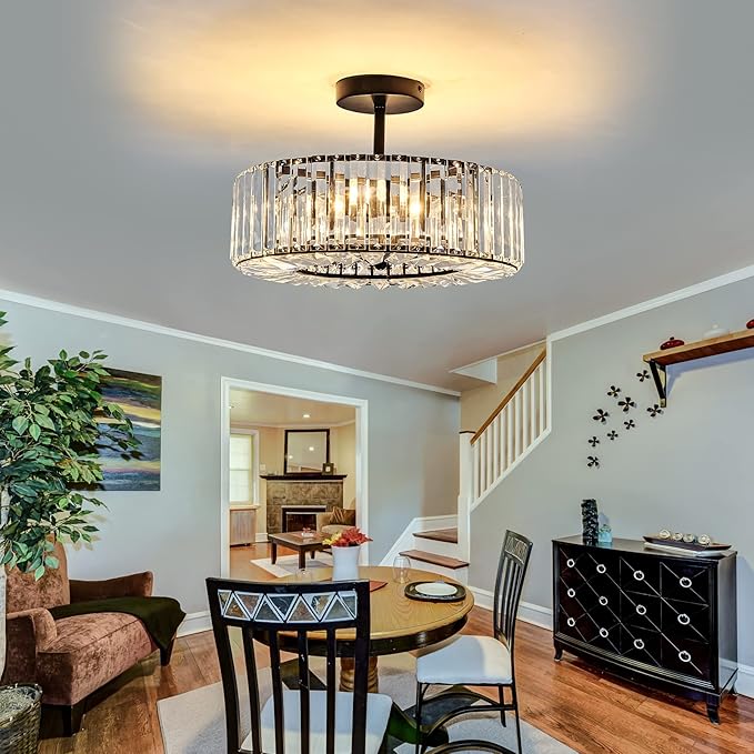Piepooye 4 Lights Modern Crystal Chandelier Black Round Semi Flush Mount Ceiling Light Fixture Farmhouse Chandelier for Dinning Room Living Room Bedroom Hallway Entryway Kitchen