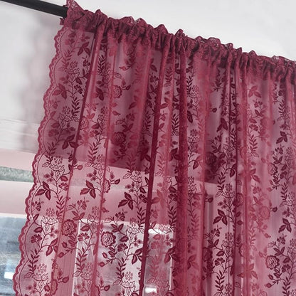 FINECITY Burgundy Sheer Curtains 63 Inch Length - 2 Panels Rustic Leaf Floral Patterned Red Wine Lace Curtains for Bedroom, Rod Pocket Privacy Light Filtering Merlot Sheer Window Drapes, 52 x 63 Inch