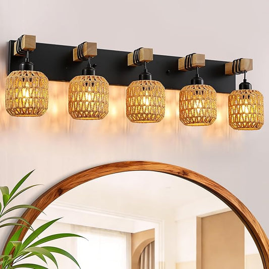 LmnLvn 36" Boho Bathroom Light Fixture, 5-Light Farmhouse Vanity Light, Rattan Bathroom Light Fixture Over Mirror Rustic Vanity Lighting with Handwoven Shades, Suit for Restroom, Bedroom, Hallway